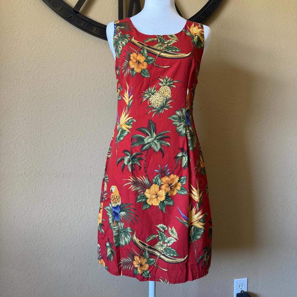 Vintage Hawaiian Floral Parrot Boat Tropical Sleeveless Sheath Dress Sz Small